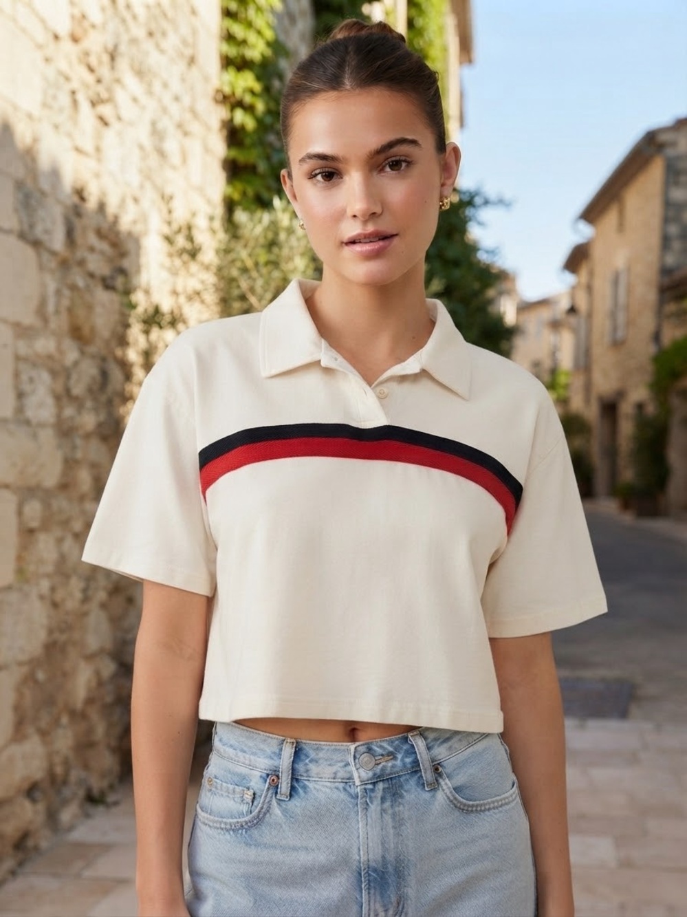 MNG by Mango Cream Cropped Rugby Polo Top with Red and Black Stripes Trending